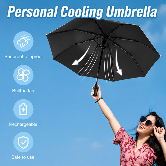 CoolShield Sun Umbrella: UPF 50+ with Fan & Misting Spray