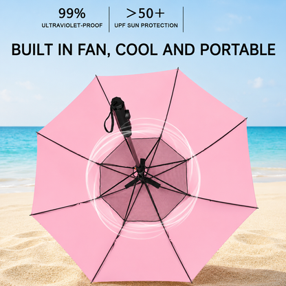 CoolShield Sun Umbrella: UPF 50+ with Fan & Misting Spray