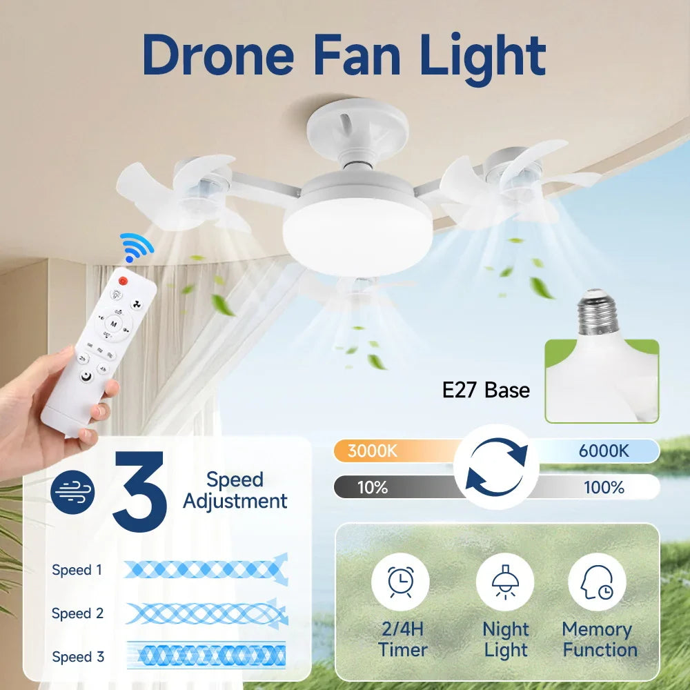 Ceiling LED Fan Light Remote Control Adjustable  3-Speed