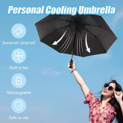 CoolShield Sun Umbrella: UPF 50+ with Fan & Misting Spray